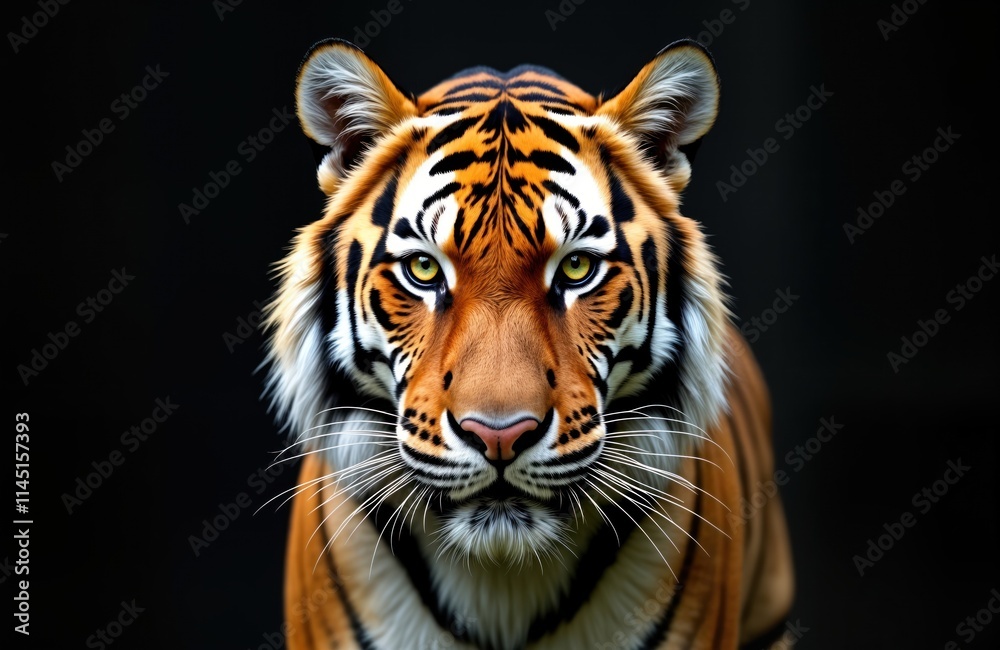 Close-up portrait of Sumatran tiger. Powerful animal. Front view of tiger face shows striking orange fur with black stripes. Predator stare intense, alert. Isolated black background emphasizes tiger. Close-up portrait of Sumatran tiger. Powerful animal. Front view of tiger face shows striking orange fur with black stripes. Predator stare intense, alert. Isolated black background emphasizes tiger.