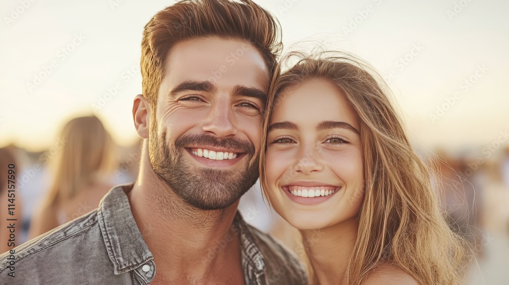 Smiling young couple outdoors during golden hour soft sunlight enhancing romantic connection and joyful expressions in a natural environment Smiling young couple outdoors during golden hour soft sunlight enhancing romantic connection and joyful expressions in a natural environment