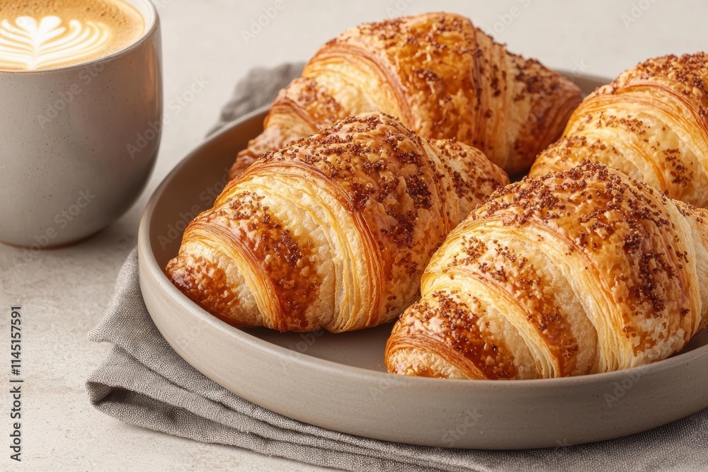Freshly baked croissants with coffee: perfect breakfast combination Freshly baked croissants with coffee: perfect breakfast combination