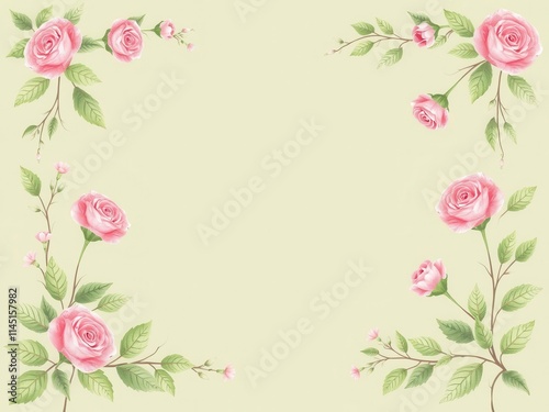 Rose flower with leaves forming a beautiful frame, garden, green