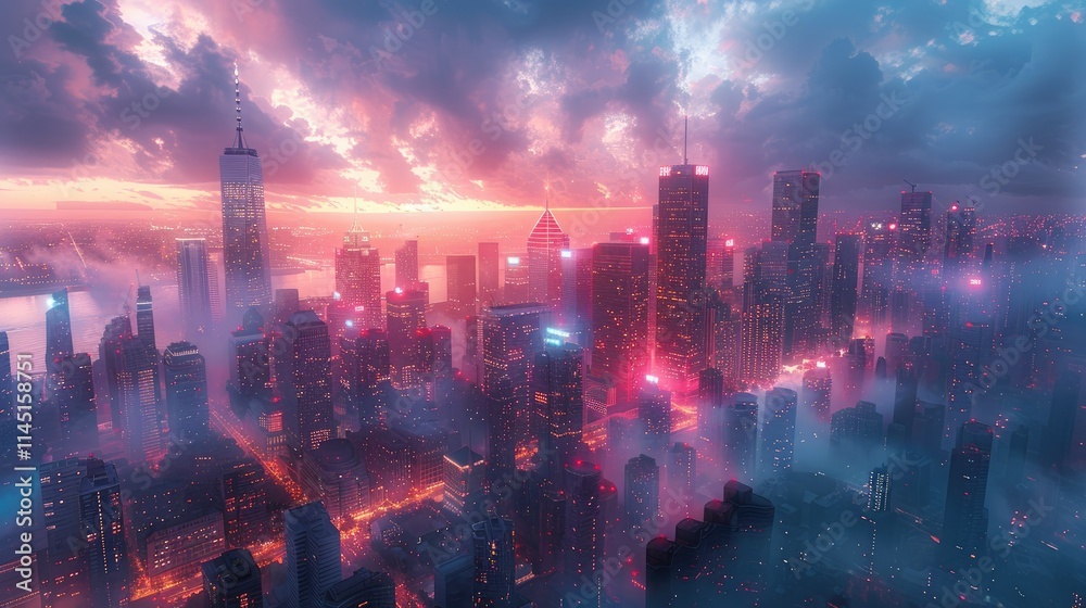 Fototapeta premium A vibrant cityscape at sunset, showcasing skyscrapers amidst colorful clouds and mist.