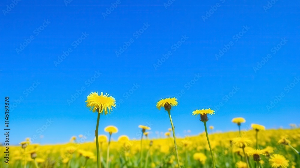 Sunny field covered in vibrant yellow dandelions under a clear blue sky, dandelions, outdoors Sunny field covered in vibrant yellow dandelions under a clear blue sky, dandelions, outdoors