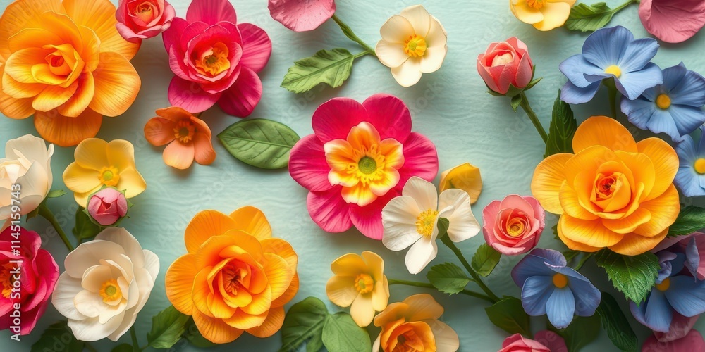 Vibrant backdrop of paper roses in various colors, floral, summer, texture Vibrant backdrop of paper roses in various colors, floral, summer, texture