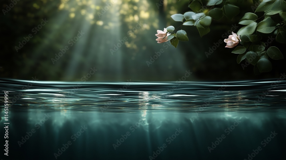 Fototapeta premium Sunlight filters through trees illuminating calm water with blooming flowers along the shore
