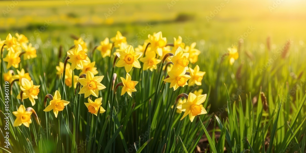 Vibrant yellow daffodil flowers swaying in the wind in a picturesque field of green grass, landscape, bloom Vibrant yellow daffodil flowers swaying in the wind in a picturesque field of green grass, landscape, bloom