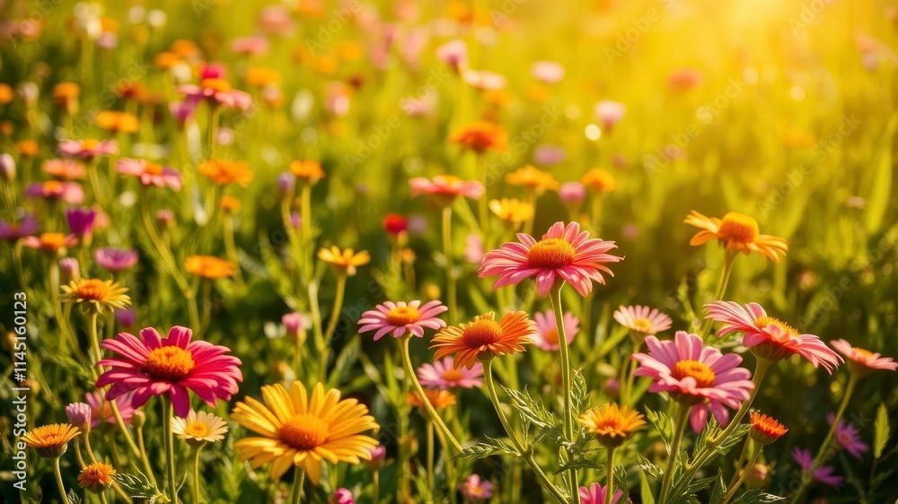 Vibrant yellow daffodil flowers blooming in a sunlit field, sunny, growth, sunny