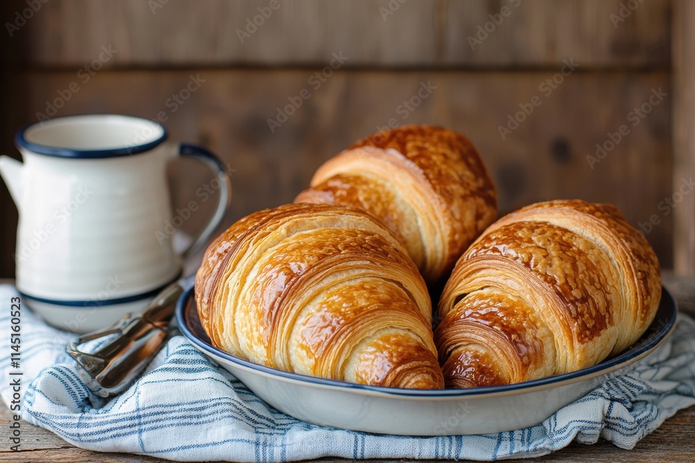 Gourmet croissants baking, flaky golden pastry and coffee tools on rustic table Gourmet croissants baking, flaky golden pastry and coffee tools on rustic table