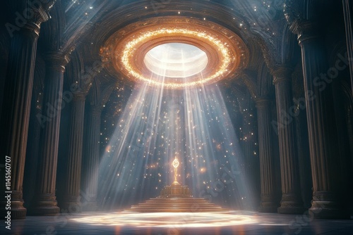 Golden altar, sunlit chamber, ancient columns.