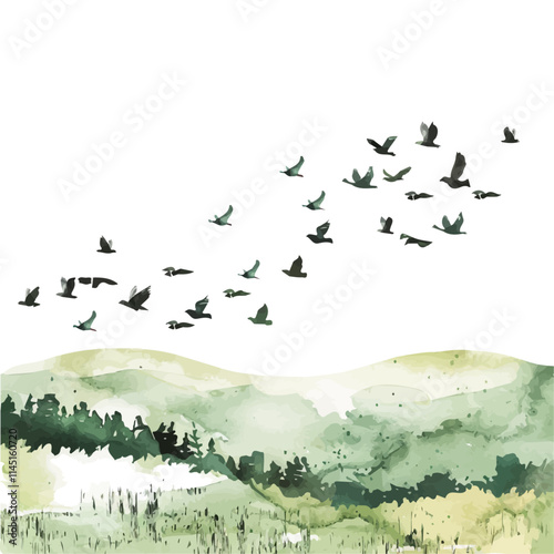 A watercolor painting of a flock of birds flying over a spring field, isolated on a white background. Birds vector.
