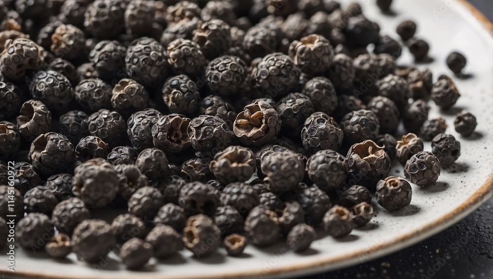 Freshly Crushed Black Peppercorns on Ceramic Plate Freshly Crushed Black Peppercorns on Ceramic Plate
