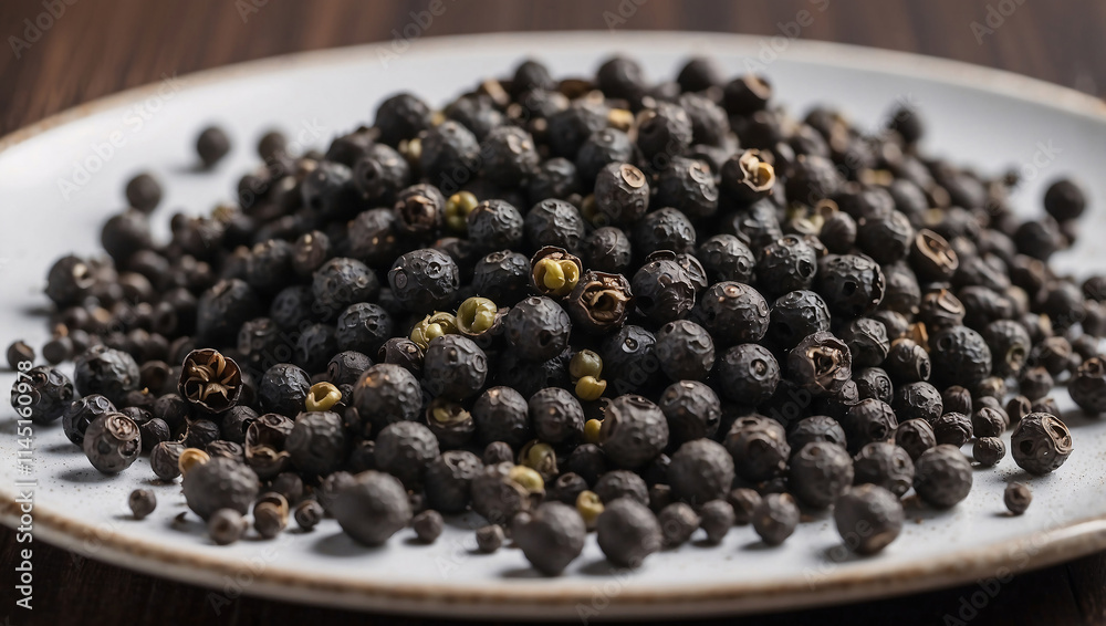 Freshly Crushed Black Peppercorns on Ceramic Plate Freshly Crushed Black Peppercorns on Ceramic Plate
