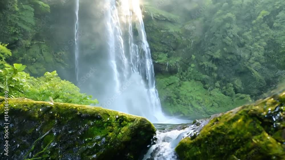 Water cascading over moss-covered stones, forming serene waterfall within lush woodland landscape