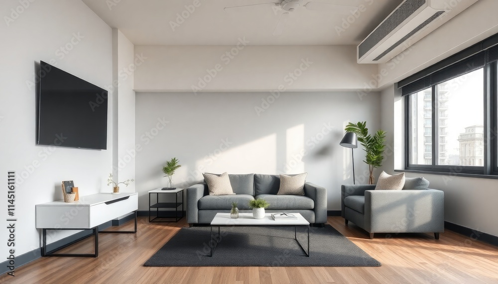 Urban Modern Student Living Room with high-tech furniture, modern design, and a neutral color palette. The skirting boards are painted dark gray Urban Modern Student Living Room with high-tech furniture, modern design, and a neutral color palette. The skirting boards are painted dark gray