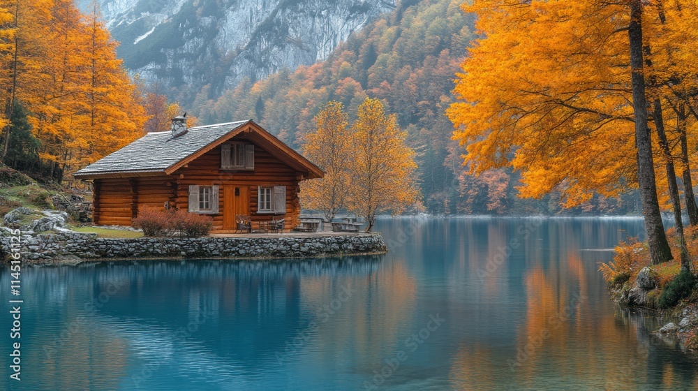 Fototapeta premium Tranquil lakeside cabin surrounded by vibrant autumn foliage.