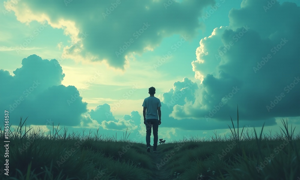 Silhouette of person standing in field dramatic cloudy