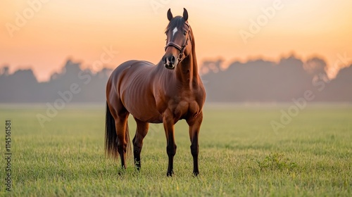 Majestic brown horse standing in a lush green pasture during golden hour exuding strength and elegance against a serene natural backdrop