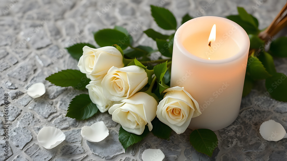 Relaxing candle and rose petals for a peaceful spa atmosphere Relaxing candle and rose petals for a peaceful spa atmosphere
