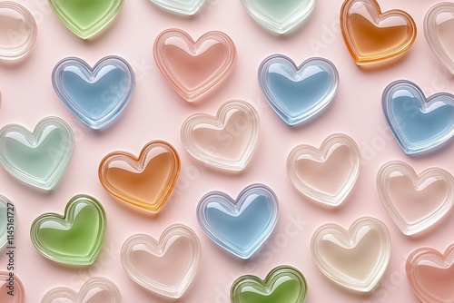 Glass Hearts in Soft Pastel Colors on Pink Background. Elegant and Artistic Design for Romantic Themes, Valentine’s Day, or Decorative Projects. AI generated