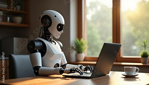 White humanoid robot sits at home desk using laptop computer. Morning sun shines through window. Robot works on personal task. Modern home office interior with natural light. Stylish room setting.