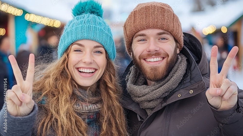 Happy couple wearing winter hats making peace signs at a festive outdoor market with bright lights radiating holiday joy and fun Happy couple wearing winter hats making peace signs at a festive outdoor market with bright lights radiating holiday joy and fun