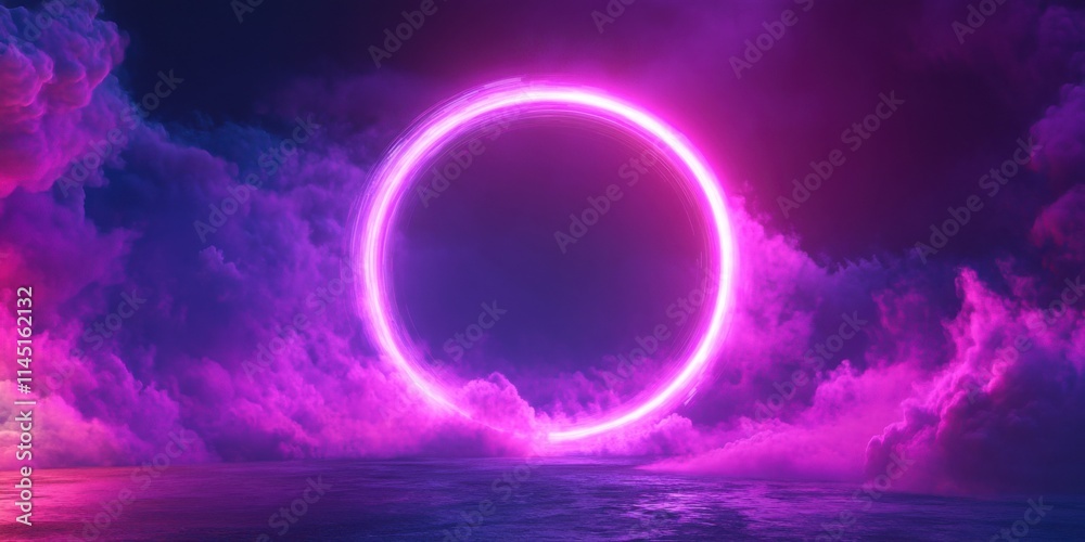 Vibrant neon purple circle frame with glitch effects, glowing on a matte black backdrop Vibrant neon purple circle frame with glitch effects, glowing on a matte black backdrop