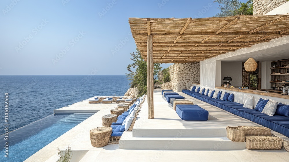 Fototapeta premium Cliffside infinity pool with bar, lounge seating, and ocean view.