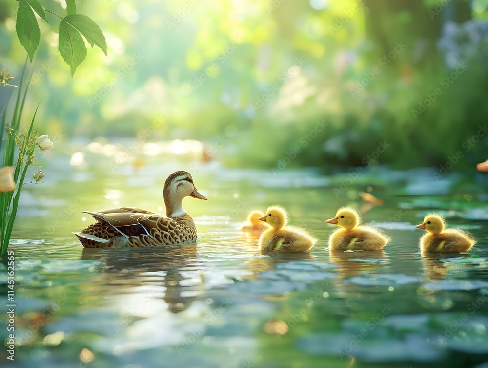 Fototapeta premium a serene image of ducks swimming in a tranquil pond
