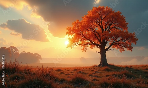 Autumn landscape lone tree shedding leaves golden sunlight