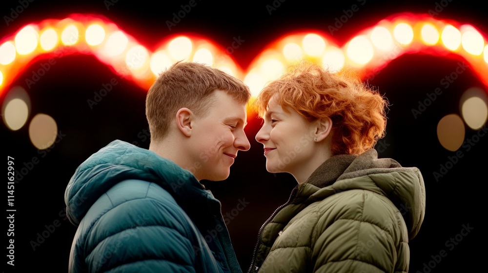 Romantic same-sex couple sharing a tender moment under vibrant neon heart lights capturing inclusivity love and modern romance in an urban setting