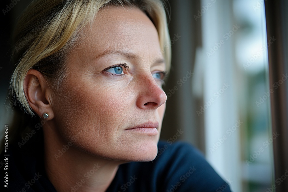 A contemplative woman gazes thoughtfully out a window. A contemplative woman gazes thoughtfully out a window.