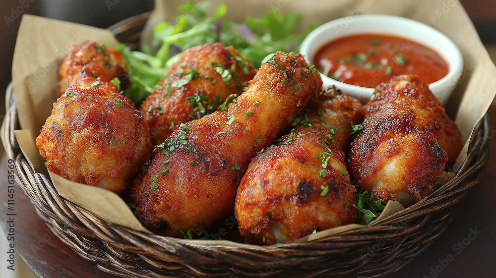 Delicious Crispy Chicken Wings Served With Fresh Greens and Tangy Sauce. Generative AI Delicious Crispy Chicken Wings Served With Fresh Greens and Tangy Sauce. Generative AI