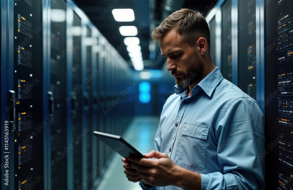 Man in data center checks digital tablet. Tech support specialist ...