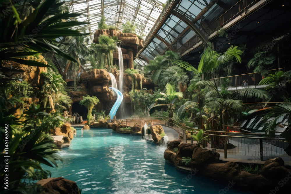Fototapeta premium Indoor water park. Amusement park. Tropical-themed water park. Palm trees, rivers, tube water slides, swimming pools. Summer fun. Hotel and luxury resort