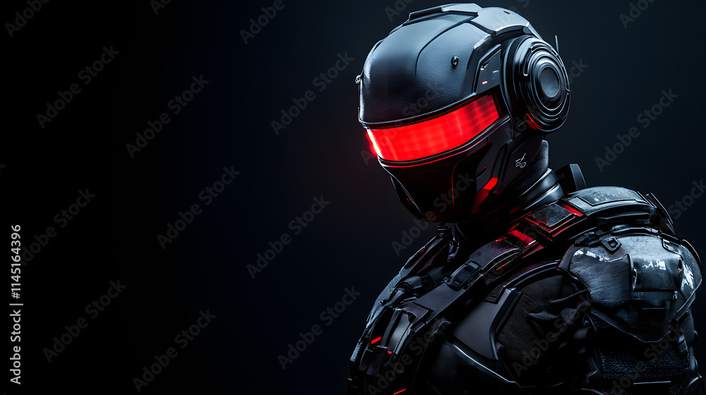 A humanoid soldier in futuristic matte black armor with glowing red accents and a visor scanning the dark environment. A humanoid soldier in futuristic matte black armor with glowing red accents and a visor scanning the dark environment.