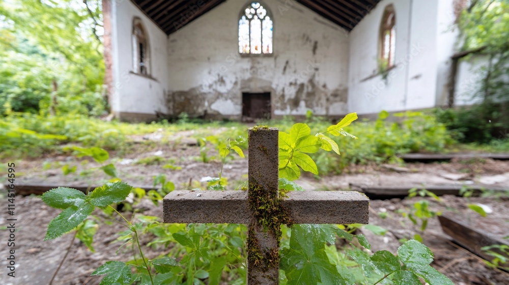 An abandoned church with a moss-covered cross in a natural setting. An abandoned church with a moss-covered cross in a natural setting.