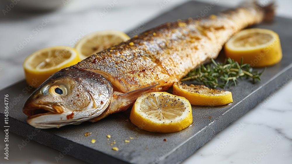 Freshly Grilled Fish With Lemon and Herbs Served on a Stone Platter. Generative AI Freshly Grilled Fish With Lemon and Herbs Served on a Stone Platter. Generative AI
