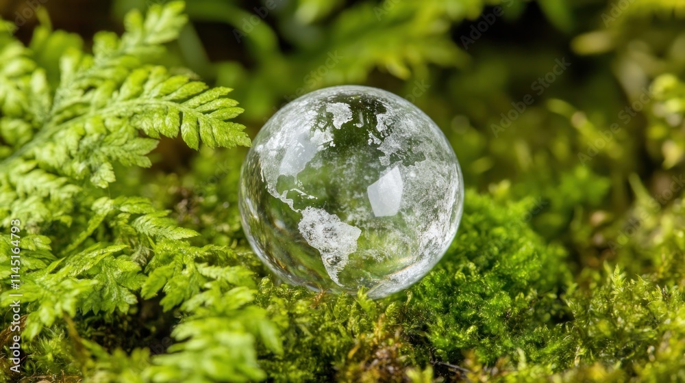 Glass globe earth on moss and fern. Glass globe earth on moss and fern.