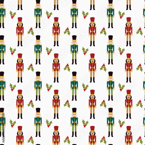 Nutcracker Soldiers Seamless Pattern with Rowanberry. Vector Illustration of Merry Christmas and Happy New Year Holiday Background. Winter Seasonal Greetings. Flat Style.
