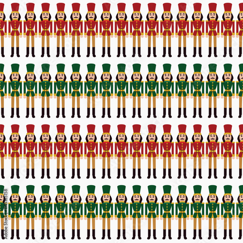 Red and Green Nutcracker Soldiers Seamless Pattern. Vector Illustration of Merry Christmas and Happy New Year Holiday Background. Flat Style.
