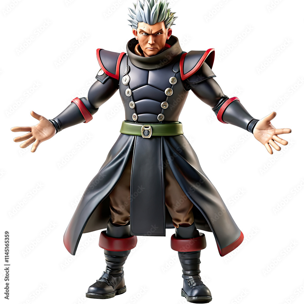 Fototapeta premium The villain character featuring striking hair and a detailed outfit displays a powerful stance embodying the essence of classic manga artistry
