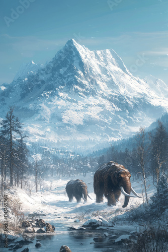 Two woolly mammoths walk on snow during ice age, vertical view of prehistoric animals in mountain landscape. Concept of winter, extinct, background, nature.