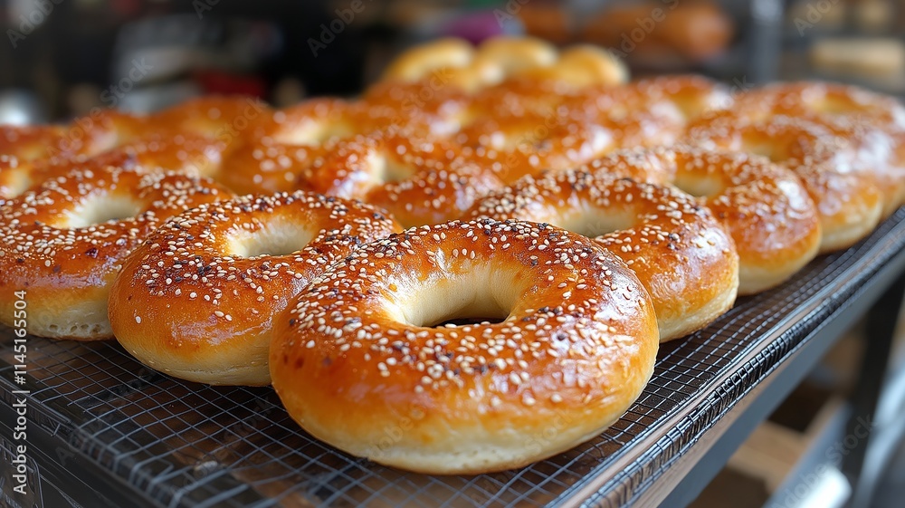Freshly Baked Sesame Bagels Cooling on a Wire Rack in a Bakery. Generative AI Freshly Baked Sesame Bagels Cooling on a Wire Rack in a Bakery. Generative AI