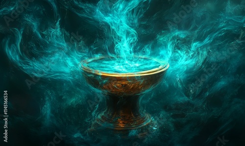 Ornate golden chalice, glowing teal liquid, mystical smoke. photo