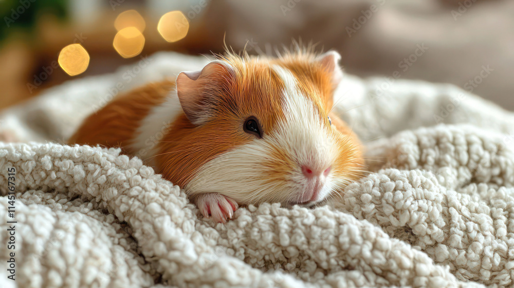 A soft baby guinea pig resting on a fluffy towel in a cozy indoor space, A soft baby guinea pig resting on a fluffy towel in a cozy indoor space,