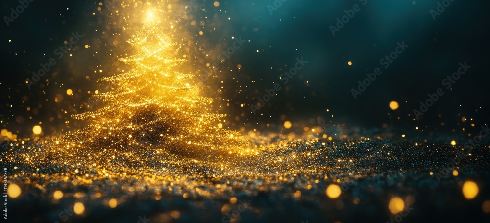 Obraz premium Glowing golden Christmas tree on glitter.
