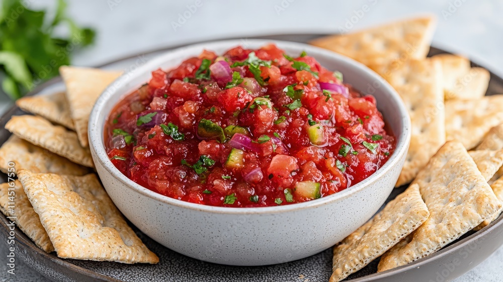Fresh tomato salsa in bowl with crackers. Fresh tomato salsa in bowl with crackers.