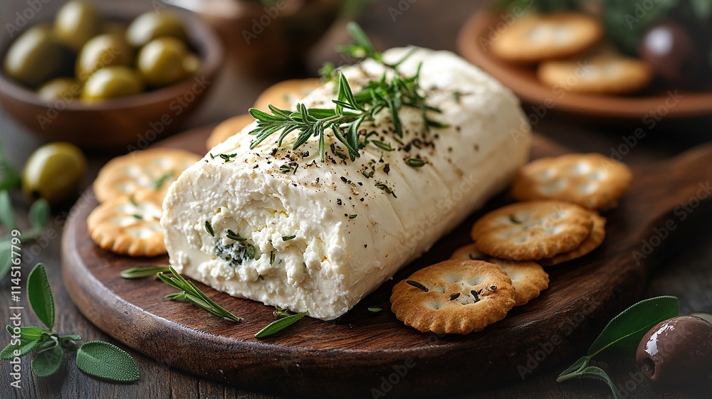 Creamy Cheese Log With Herbs Served on Wooden Board With Crackers. Generative AI Creamy Cheese Log With Herbs Served on Wooden Board With Crackers. Generative AI