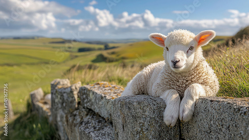 A soft white lamb resting next to a fence with rolling green hills in the background, photo