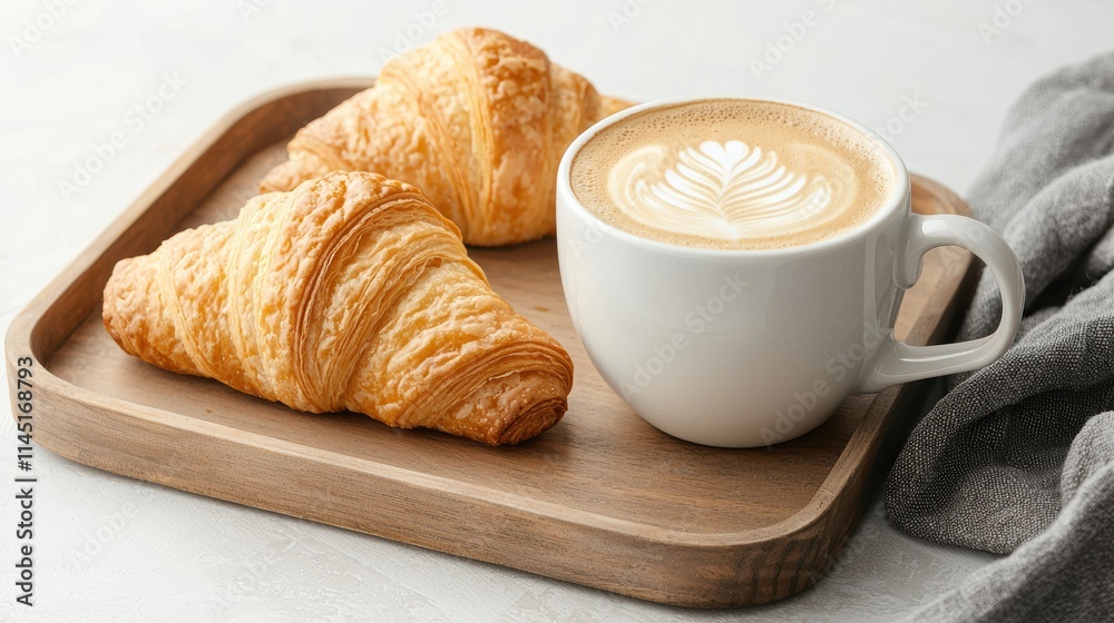 Freshly baked croissants and latte art coffee creating a cozy breakfast scene Freshly baked croissants and latte art coffee creating a cozy breakfast scene