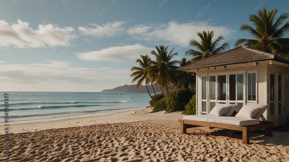 Fototapeta premium Beachfront bungalow with lounge chairs at sunrise.